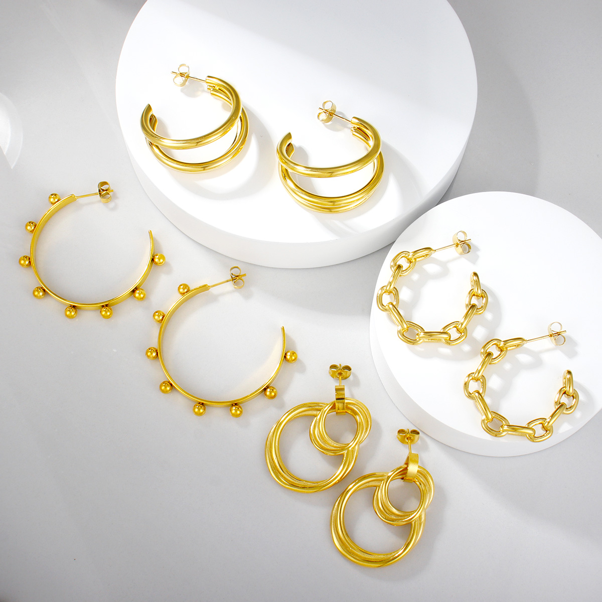 女士管状环金属声明多层圆形耳钉