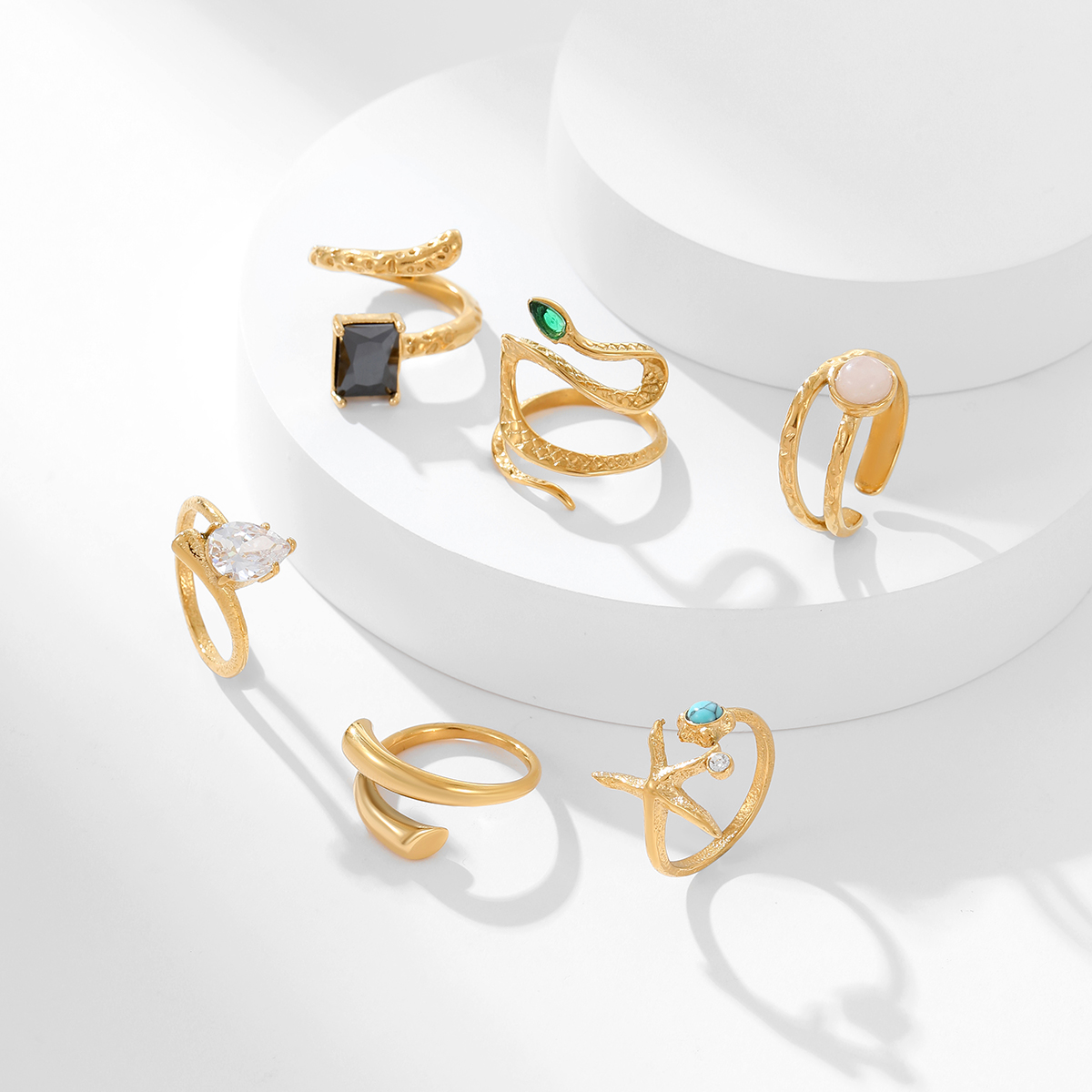 不锈钢全新时尚天然石几何花朵戒指