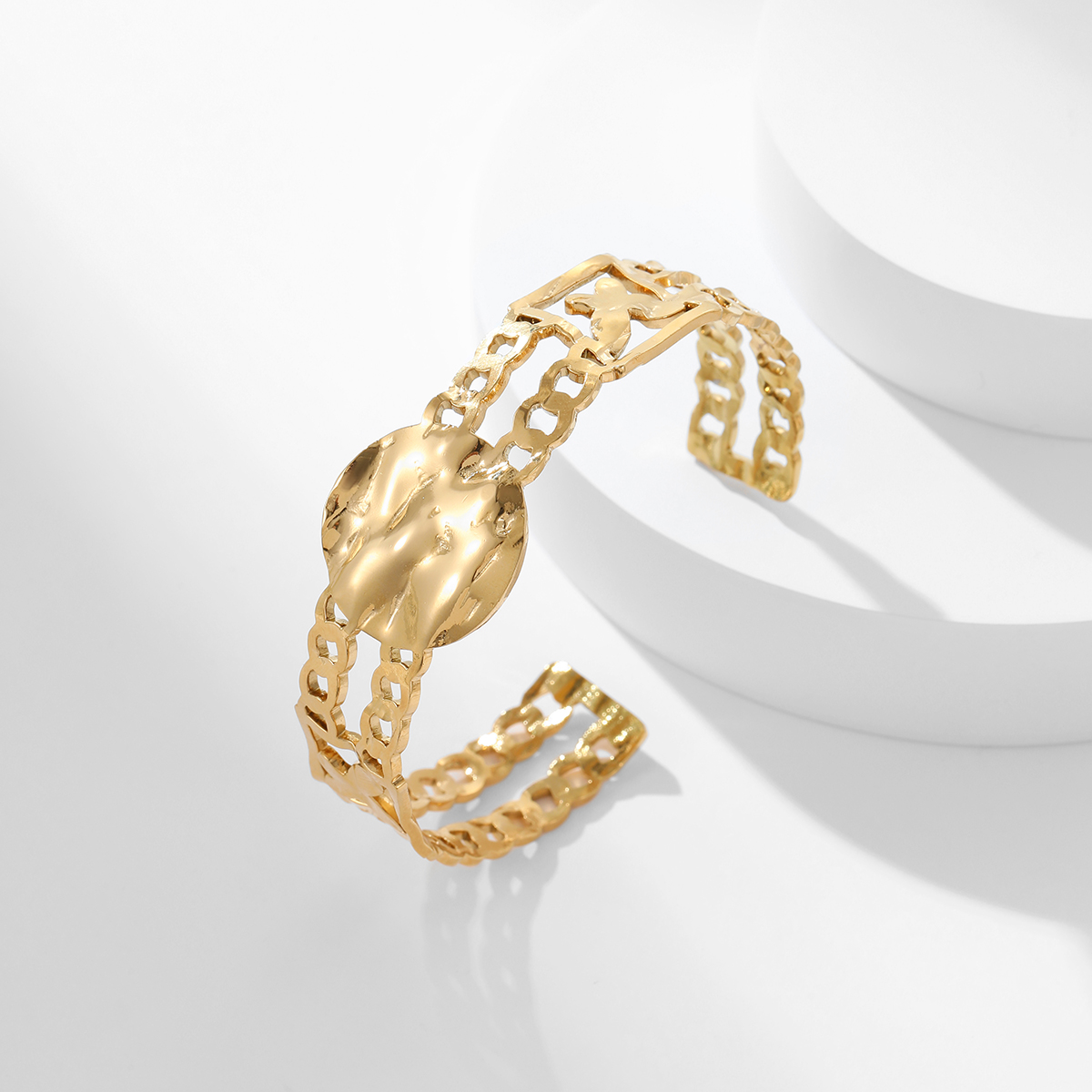 圆形不锈钢扣手链 18K镀金 欧??美个性简约饰品