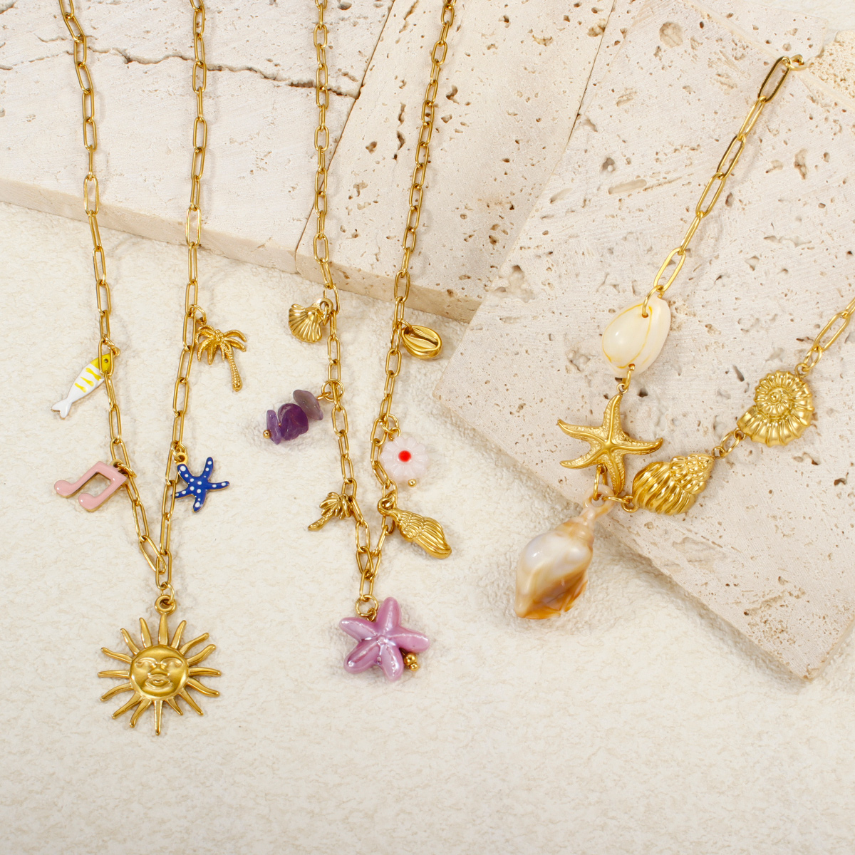 夏季海洋风不锈钢镀18k金可拆卸贝壳吊坠项链